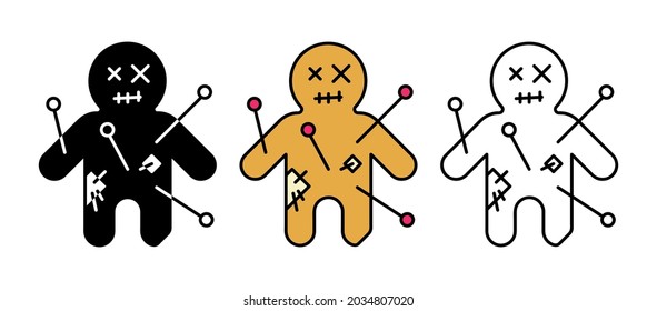 Puppe, Nadelstich in verfluchten Puppensymbole. Set für Halloween-Konzept. Satz von linearen, farbigen und silhouettenfarbigen Symbolen.