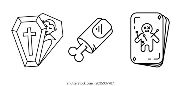 Doll on playing card, vampire in coffin and amputated finger. Set for Halloween concept. Linear icons set.