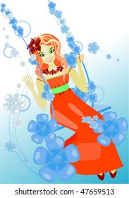 The doll in orange on a flower swing