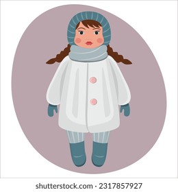 A doll with pigtails in a warm fur coat, a hat and felt boots. A retro-style toy. A little girl in winter clothes. Vector illustration.