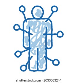 Vector de icono de boceto Doll With Pins. Dibujo manual de la línea azul del doodle de la mano del cartel Doll con pines. ilustración de símbolo aislado