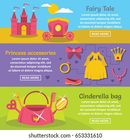 Doll princess banner horizontal concept set. Flat illustration of 3 doll princess vector banner horizontal concepts for web