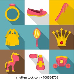 Doll princess icon set. Flat style set of 9 doll princess vector icons for web design