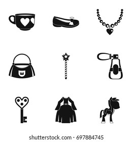 Doll princess icon set. Simple style set of 9 doll princess vector icons for web isolated on white background