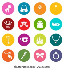 Doll princess items icons many colors set isolated on white for digital marketing