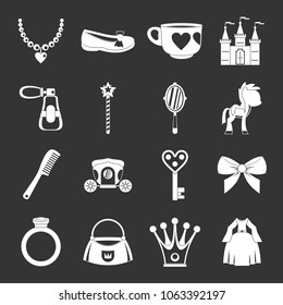 Doll princess items icons set vector white isolated on grey background 