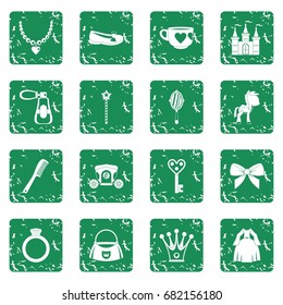 Doll princess items icons set in grunge style green isolated vector illustration