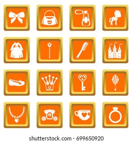 Doll princess items icons set in orange color isolated vector illustration for web and any design