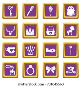 Doll princess items icons set in purple color isolated vector illustration for web and any design