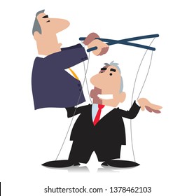 Doll and puppeteer. Business. Politics. Caricature. Cartoon vector illustration