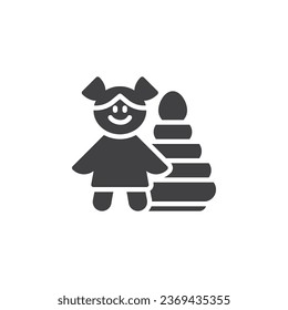 Icono vectorial de juguetes de muñeca y piramide. signo plano relleno para concepto móvil y diseño web. Icono de glifo de juguetes para bebés. Símbolo, ilustración del logotipo. Gráficos vectoriales