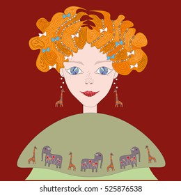 Doll with red hair in green dress with elephants and giraffes 