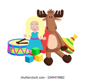 Doll and reindeer with horns wearing knitted red scarf, colorful whirlabout, drums and sticks, Christmas toys vector illustration isolated on white