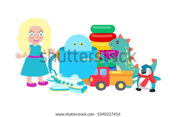 Doll and robot set of toys, collection of\
toys, dinosaur and plane, truck and penguin wearing knitted scarf,\
circles isolated on vector\
illustration