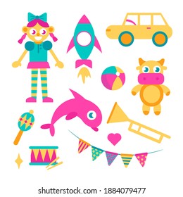 Doll, rocket, ball, car, dolphin, cow, rattle, pipe, drum, flags. Set of bright toys for kids. Perfect for children shop, card, web store. Vector flat cartoon collection isolated on white background