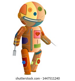 A doll stitched from multi-colored shreds of fabric stands on a white background. Vector illustration