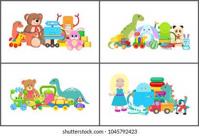 Doll and teddy bear, collection of toys, toys set with robots and cubes, frog and panda, bunny and penguin vector illustration, isolated on white