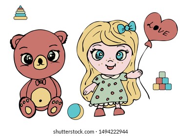 Doll and teddy bear. Hand drawing. Doodle style. Children's style. Pastel colors.