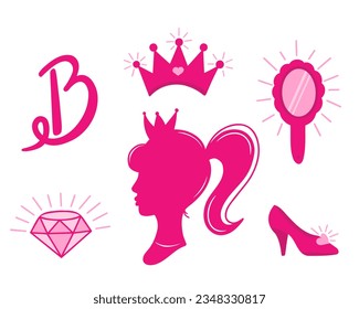 doll things set, mirror, shoe and diamond. Vector Illustration for printing, backgrounds, covers and packaging. Image can be used for greeting cards, posters and sticker. Isolated on white background.