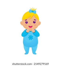 Doll toy. Kid is standing and smiling. Little girl with the ponytail is happy. Vector illustration isolated on white background.