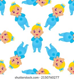 Doll toy seamless pattern. Kid is standing and smiling. Little girl with the ponytail is happy.