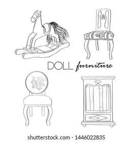 Doll vector  furniture: chair with backrest, wardrobe, toy horse,