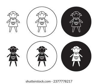 Doll vector icon set in black filled and outlined style. Baby doll icon for ui designs.