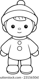 Doll vector illustration. Black and white outline Doll coloring book or page for children