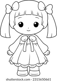 Doll vector illustration. Black and white outline Doll coloring book or page for children