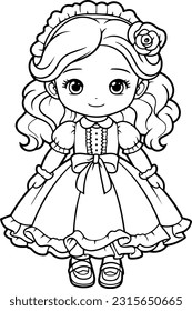 Doll vector illustration. Black and white outline Doll coloring book or page for children