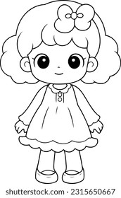 Ilustración vectorial de muñeca. Esquema en blanco y negro Libro o página para niños