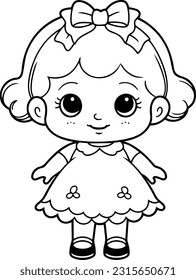 Doll vector illustration. Black and white outline Doll coloring book or page for children