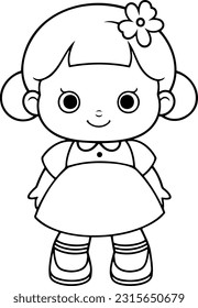 Doll vector illustration. Black and white outline Doll coloring book or page for children