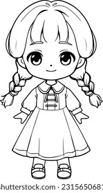 Doll vector illustration. Black and white outline Doll coloring book or page for children