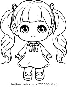 Doll vector illustration. Black and white outline Doll coloring book or page for children