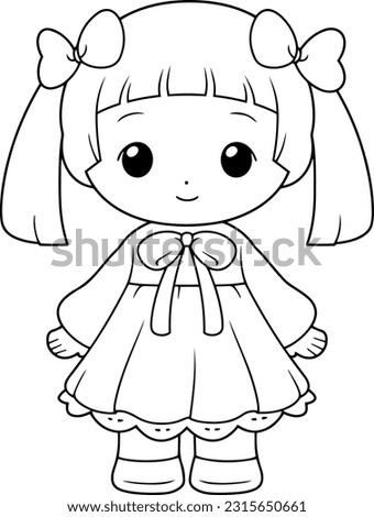 Doll vector illustration. Black and white outline Doll coloring book or page for children