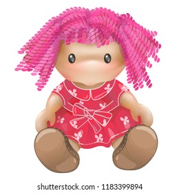 Doll vector. Rag toy. Threads, pink hair, pink dress.