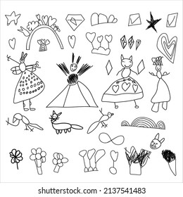 Doll white and black. Set of vector in childrens style. Isolated objects on white background.