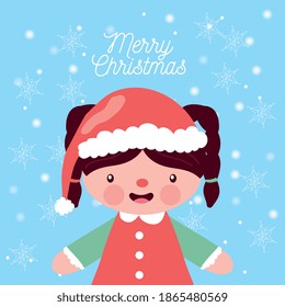 doll wih christmas hat between snowflakes. christmas card