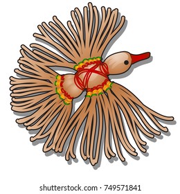 Doll-amulet bird of happiness made of jute twine and colored yarn isolated on white background. Vector cartoon close-up illustration.