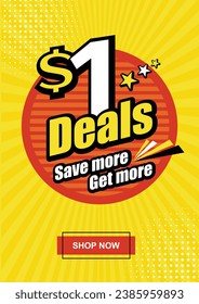 Dollar 1 Deals Poster, Sticker or Dangler. Retail, Super Market, Store Advertising Promo Design Templates Vector