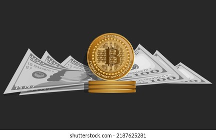 Dollar 100 Bills. Bitcoin. Vector Money Poster, Background. Cryptocurrency Sign And Hundred Dollar Bills Are Flying On Black Background. American Money Sign. Vector Illustration.