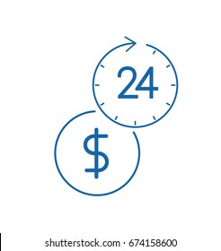Dollar and 24 hours working icon isolated on white background. 