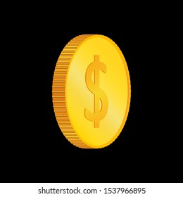 Dollar. 3D isometric physical coins. Currency.  Golden coins with dollar  symbol isolated on black  background. Vector illustration.