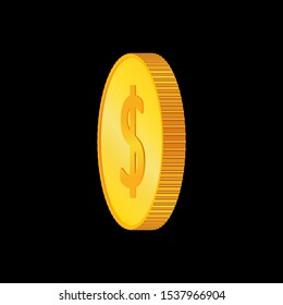 Dollar. 3D isometric physical coins. Currency.  Golden coins with dollar  symbol isolated on black  background. Vector illustration.