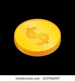 Dollar. 3D isometric physical coins. Currency.  Golden coins with dollar  symbol isolated on black  background. Vector illustration.