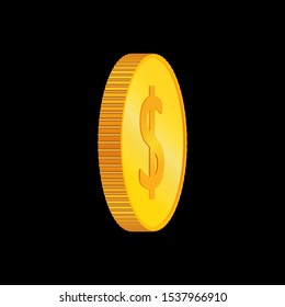Dollar. 3D isometric physical coins. Currency.  Golden coins with dollar  symbol isolated on black  background. Vector illustration.