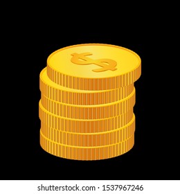 Dollar. 3D isometric physical coins. Currency.  Golden coins with dollar  symbol isolated on black  background. Vector illustration.