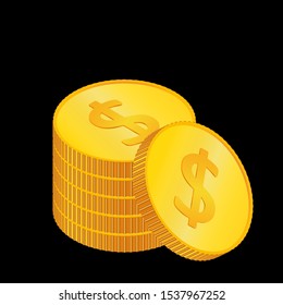 Dollar. 3D isometric physical coins. Currency.  Golden coins with dollar  symbol isolated on black  background. Vector illustration.