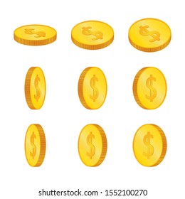  Dólar. Monedas físicas isométricas en 3D. Divisa.  Monedas de oro con símbolo en dólares aisladas en segundo plano. Ilustración vectorial.